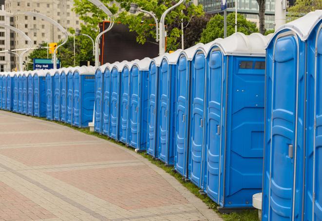 a line of portable restrooms at a sporting event, providing athletes and spectators with clean and accessible facilities in Newhall, CA